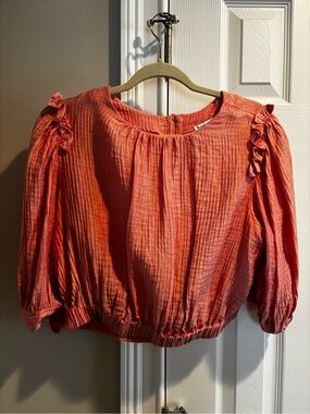 Current Air Coral Ruffled Sleeve Cropped Blouse